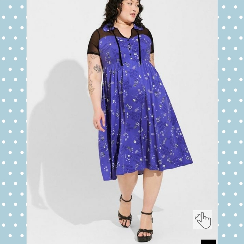 Torrid Beetlejuice Midi Challis Mesh Yoke Halloween Dress